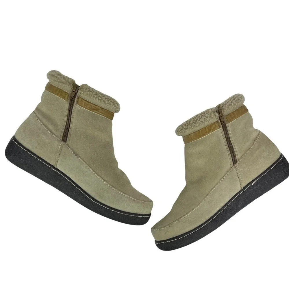 Land's End Womens Size 10 Cream Suede & Fleece Lined Winter Ankle Botties Boots